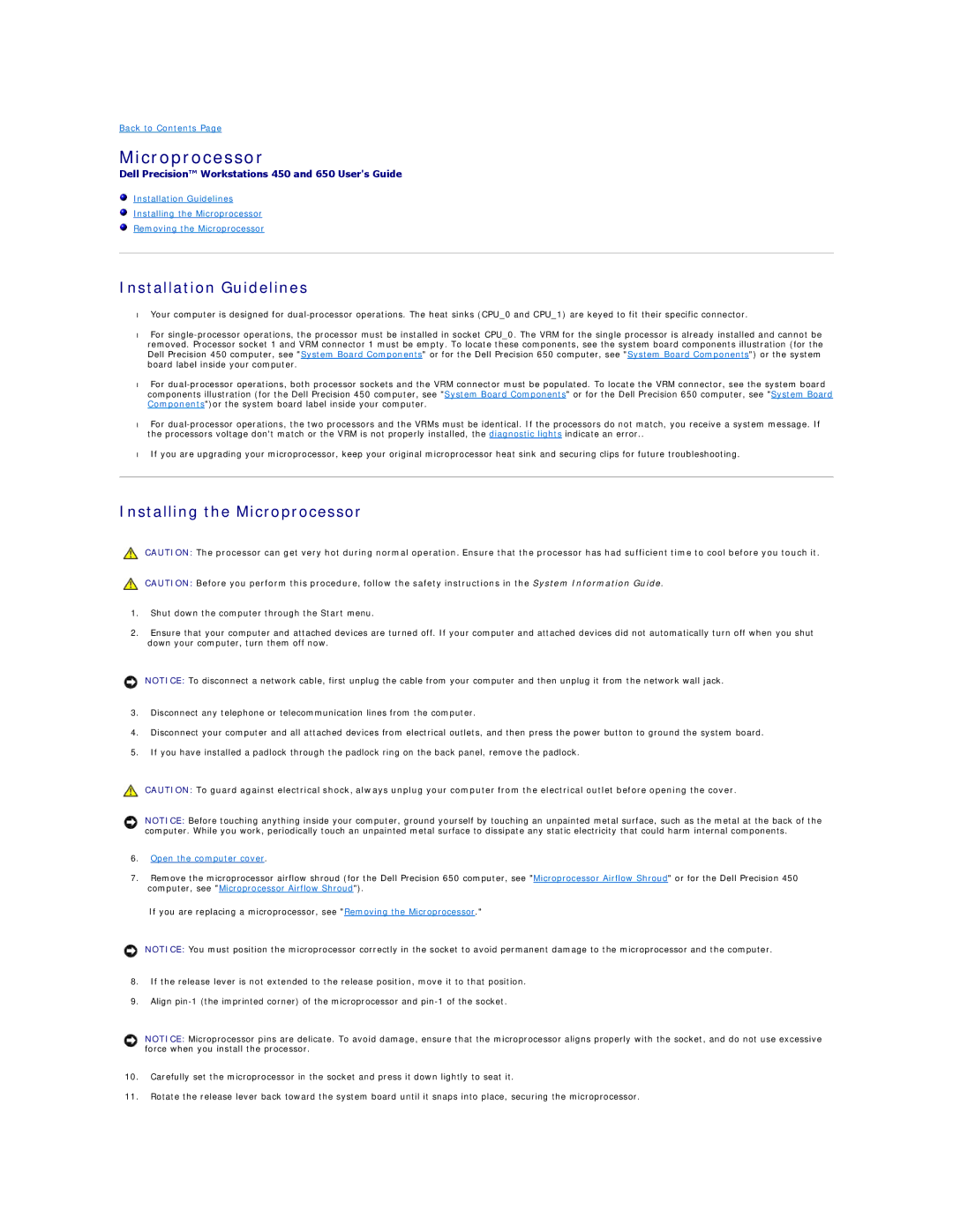 Dell 450 warranty Installation Guidelines, Installing the Microprocessor 