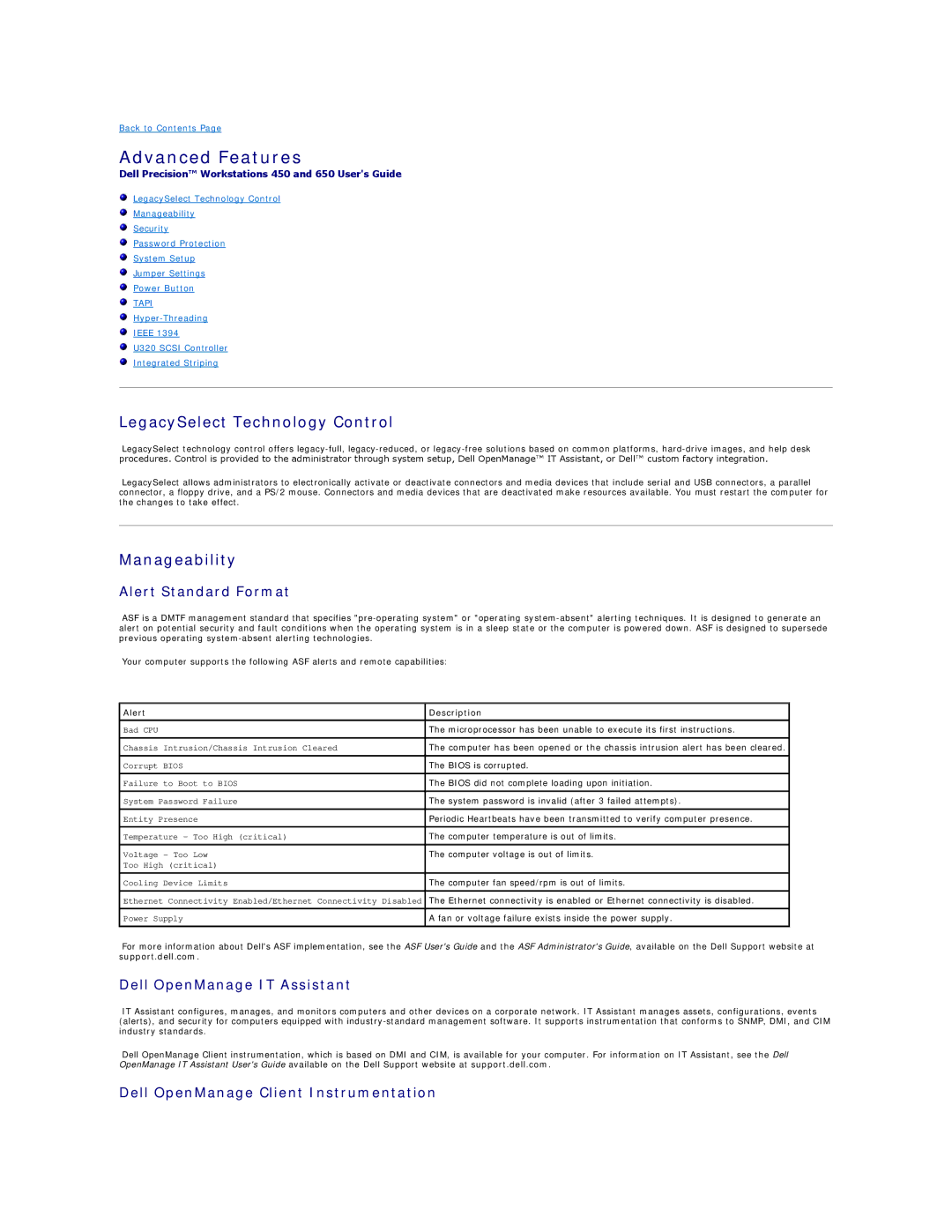 Dell 450 warranty Advanced Features, LegacySelect Technology Control, Manageability 