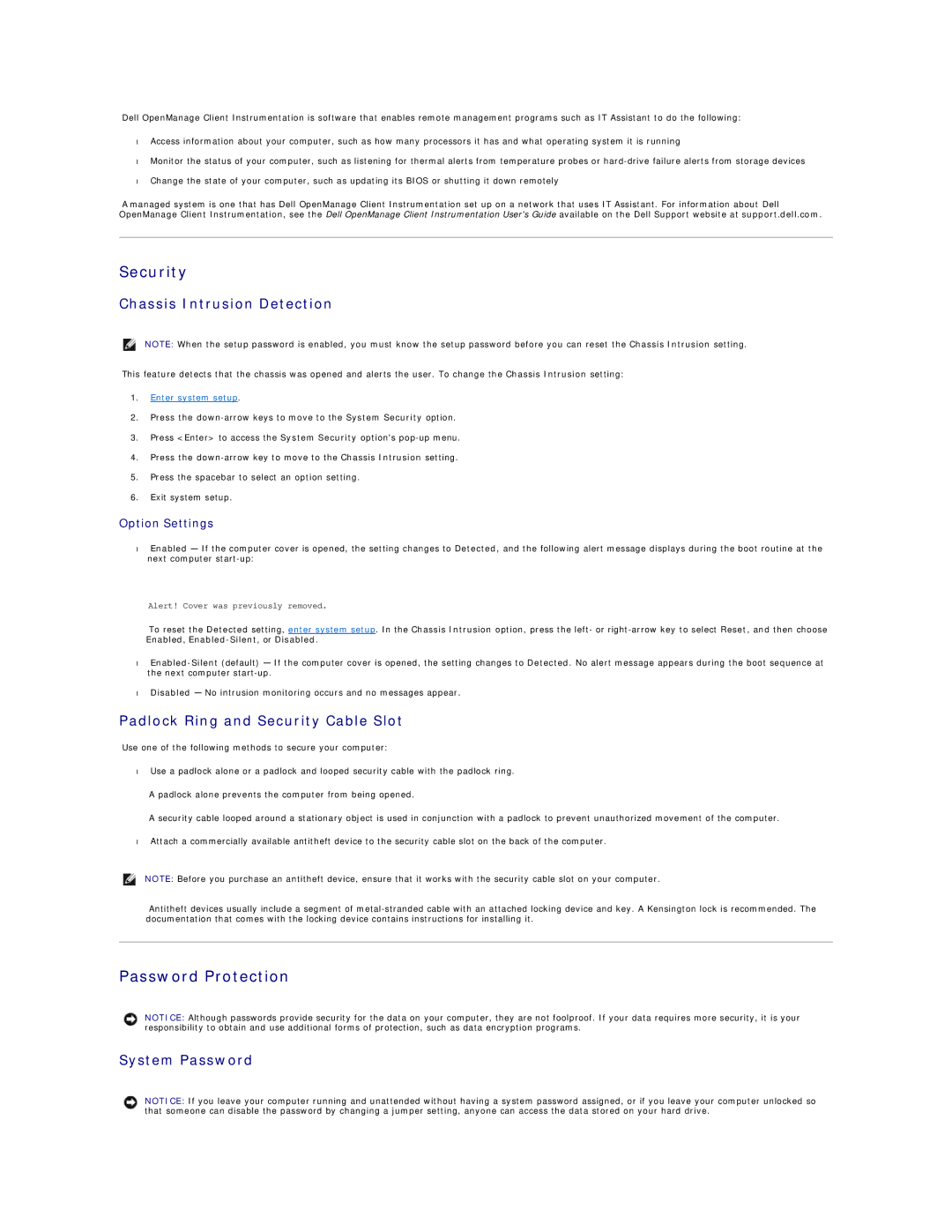 Dell 450 Password Protection, Chassis Intrusion Detection, Padlock Ring and Security Cable Slot, System Password 