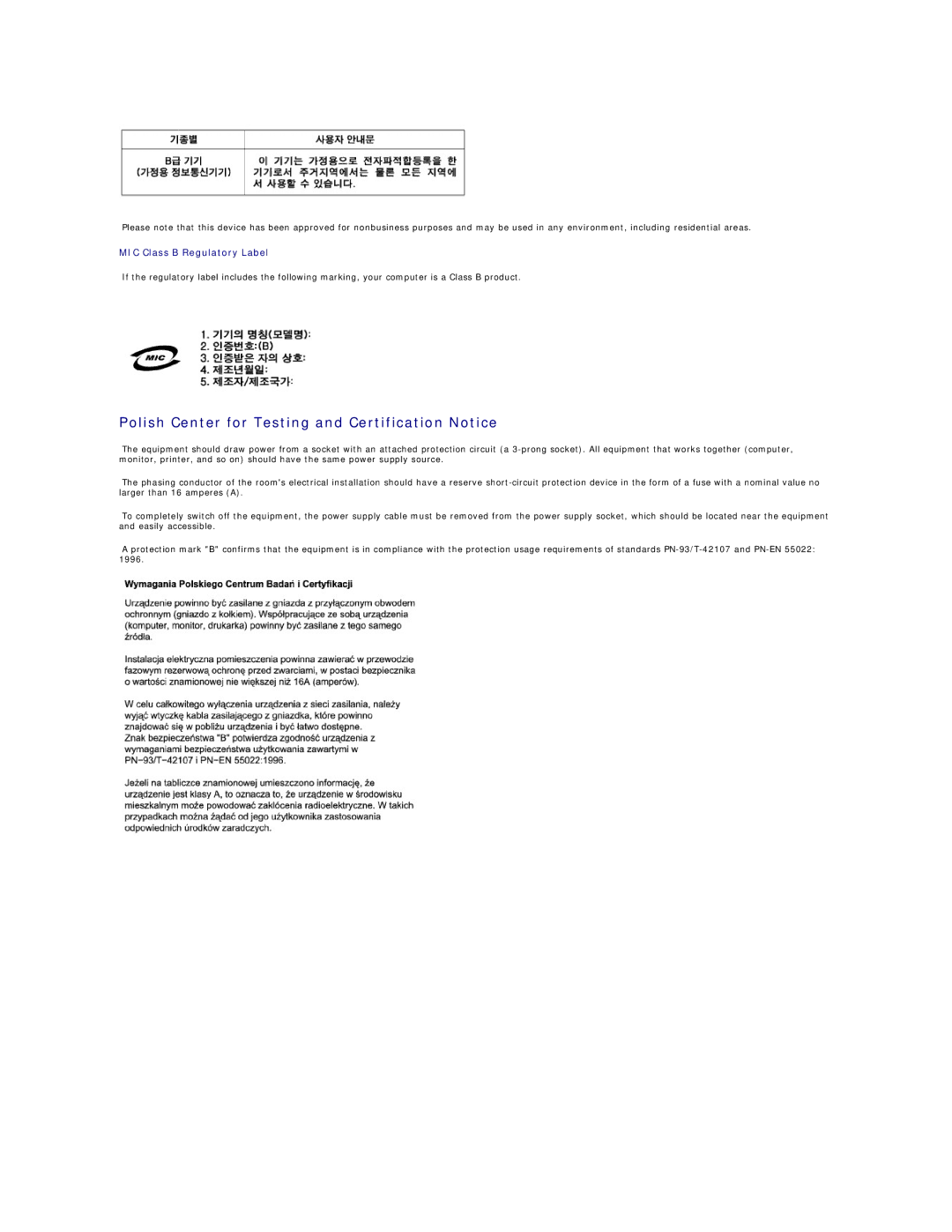 Dell 450 warranty Polish Center for Testing and Certification Notice 