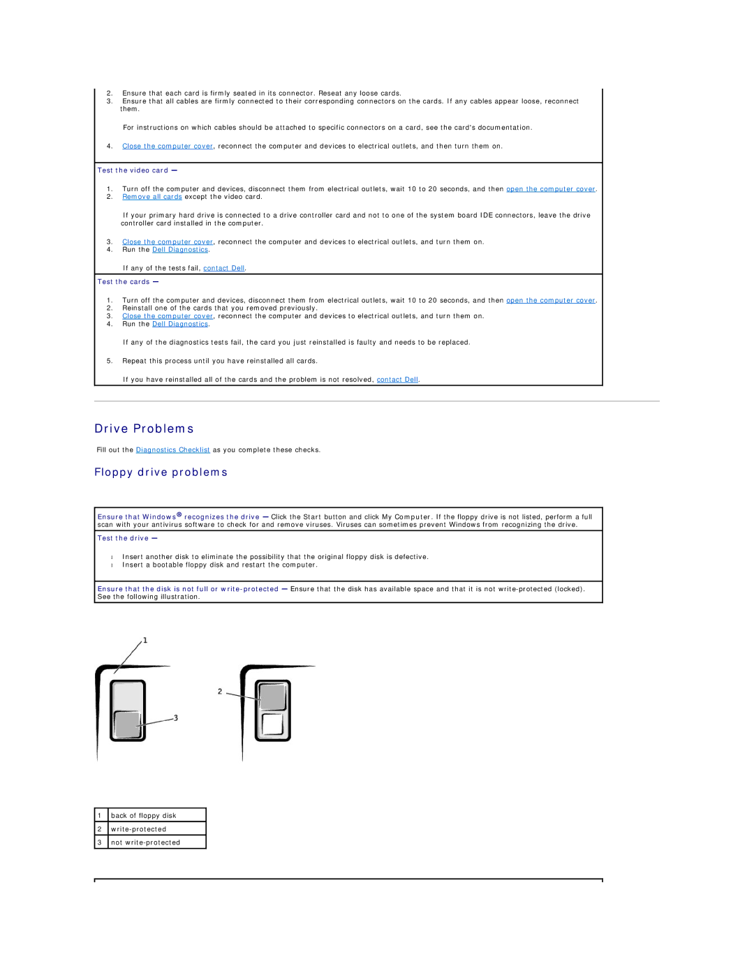 Dell 450 warranty Drive Problems, Floppy drive problems, Test the video card, Test the cards, Test the drive 