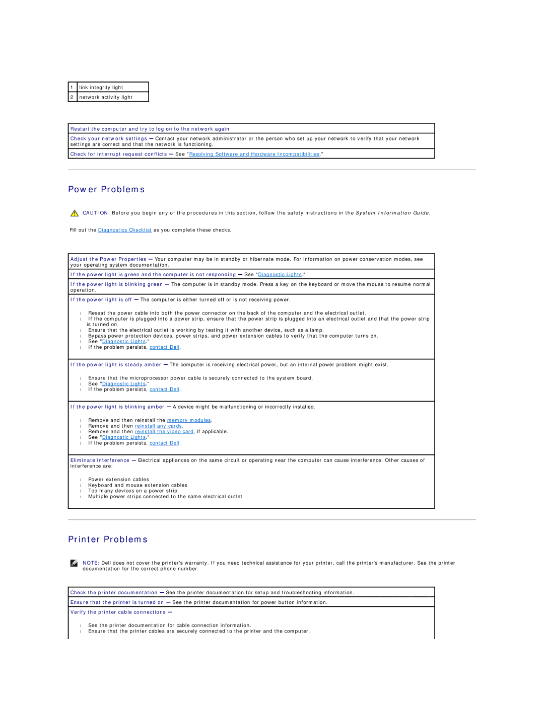 Dell 450 warranty Power Problems, Printer Problems, Restart the computer and try to log on to the network again 