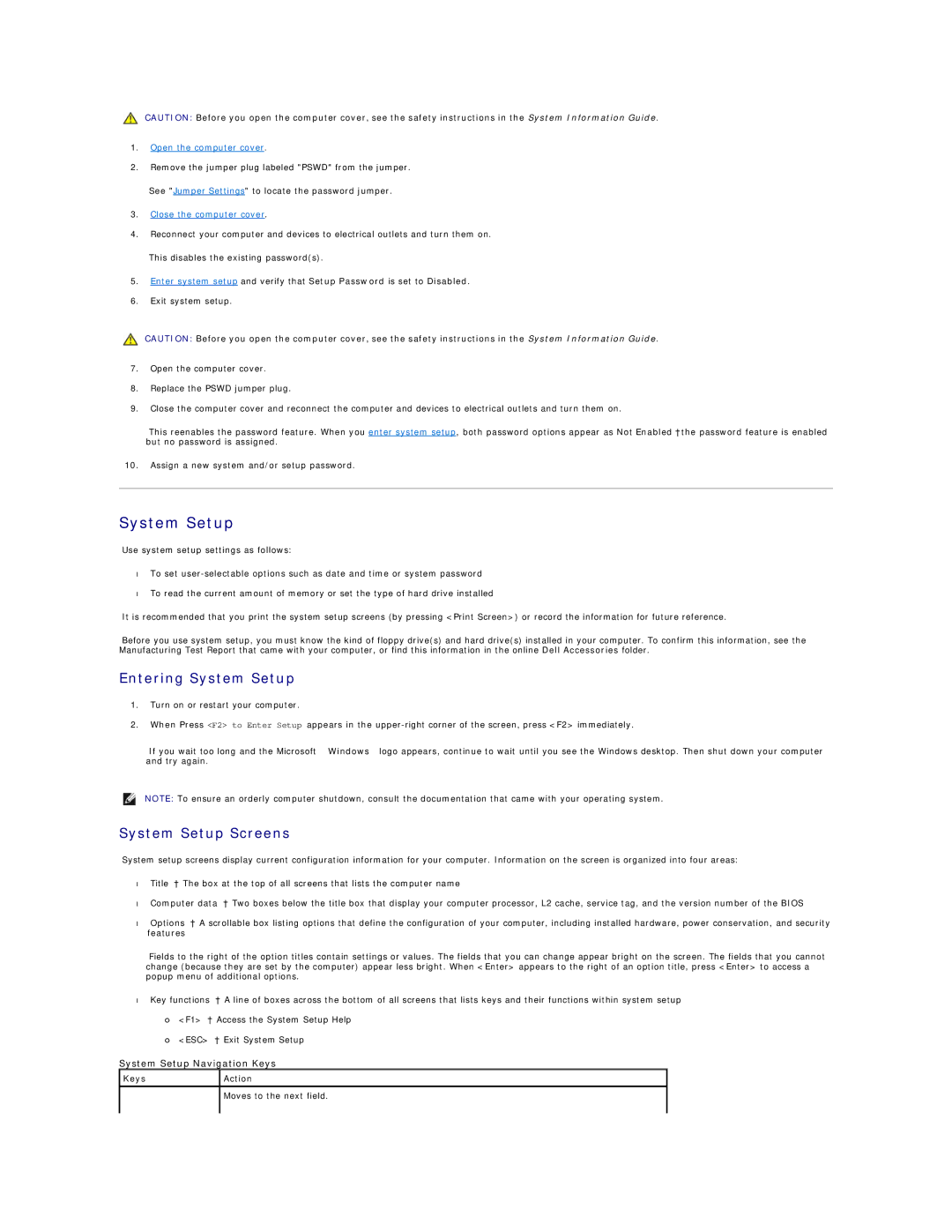 Dell 450 warranty Entering System Setup, System Setup Screens, Keys Action 