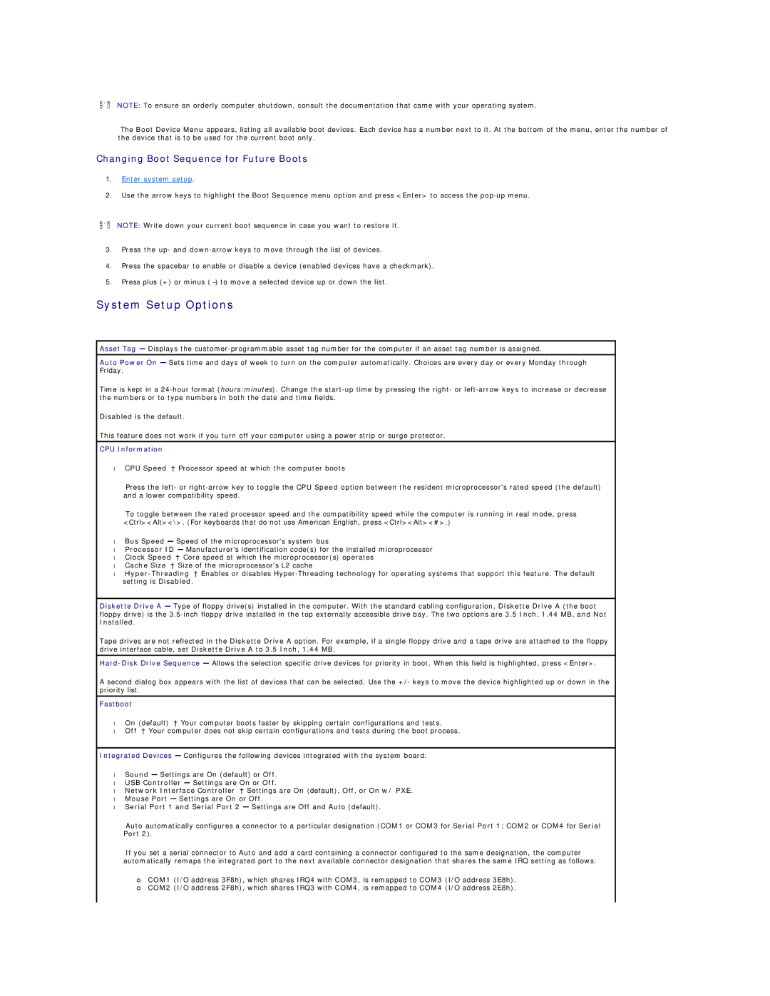 Dell 450 warranty System Setup Options, Changing Boot Sequence for Future Boots, CPU Information, Installed, Fastboot 