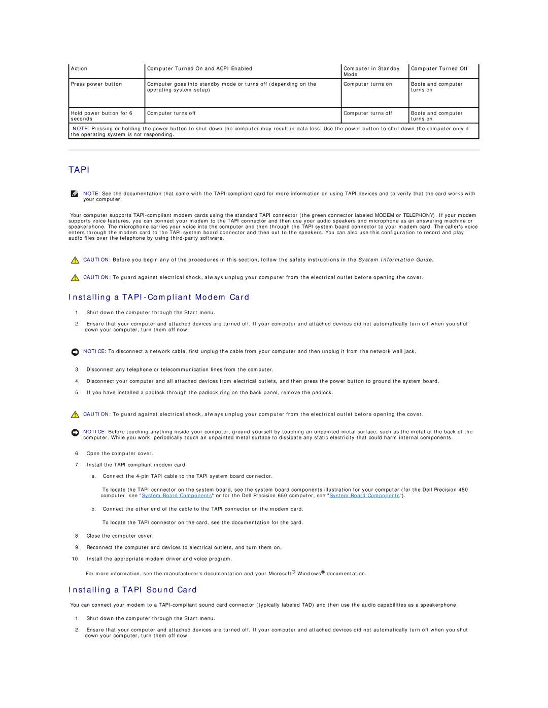 Dell 450 warranty Installing a TAPI-Compliant Modem Card, Installing a Tapi Sound Card 