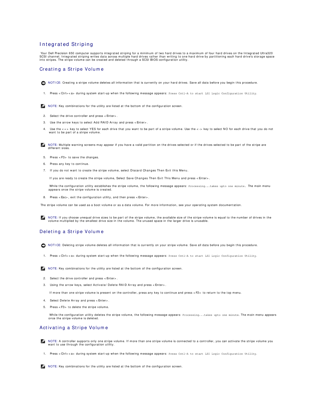 Dell 450 warranty Integrated Striping, Creating a Stripe Volume, Deleting a Stripe Volume, Activating a Stripe Volume 
