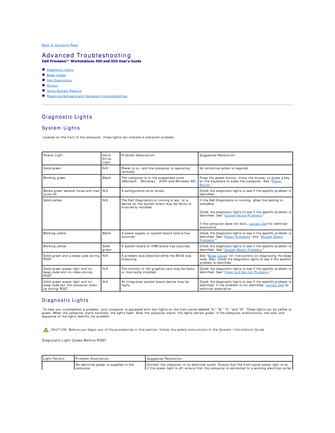 Dell 450 warranty Advanced Troubleshooting, Diagnostic Lights, System Lights 