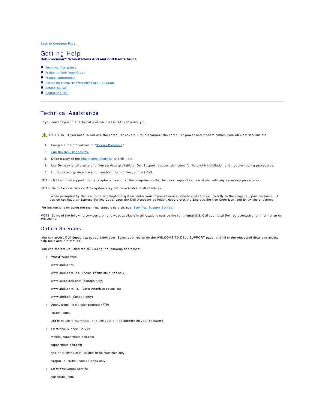 Dell 450 warranty Getting Help, Technical Assistance, Online Services, Ftp.dell.com 