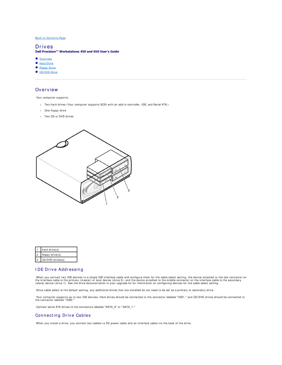 Dell 450 warranty Drives, Overview, IDE Drive Addressing, Connecting Drive Cables 