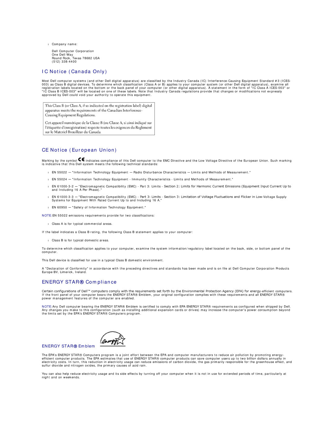 Dell 450 warranty IC Notice Canada Only, CE Notice European Union, Energy Star Compliance, Energy Star Emblem 