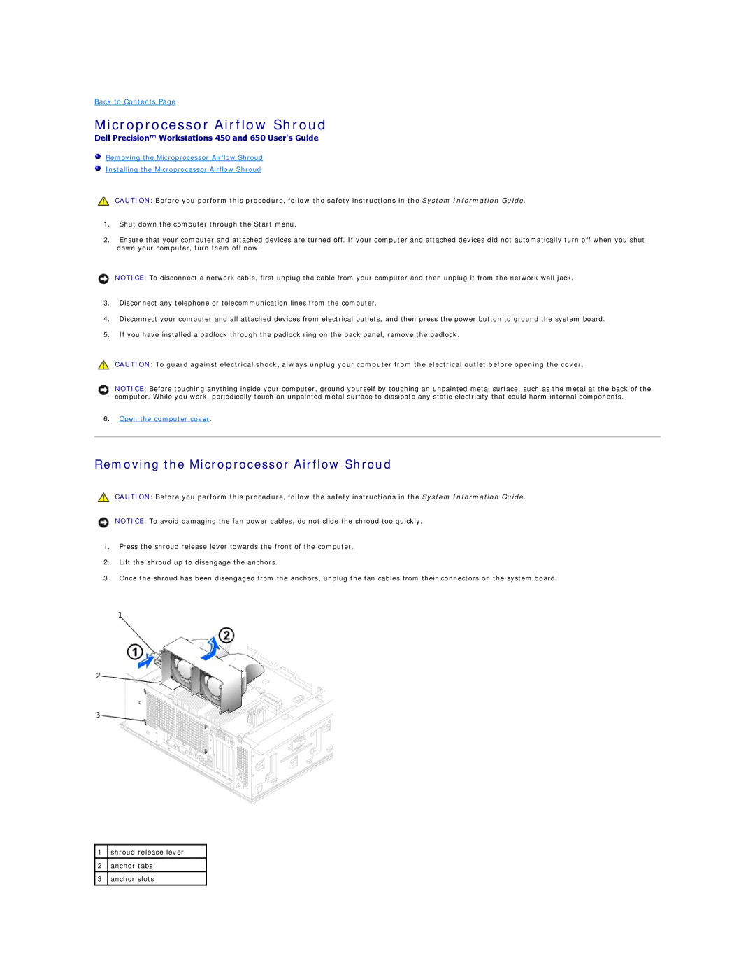 Dell 450 warranty Removing the Microprocessor Airflow Shroud 