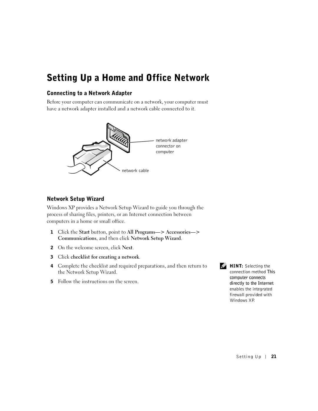 Dell 9N756, 4500 manual Connecting to a Network Adapter, Network Setup Wizard, Click checklist for creating a network 