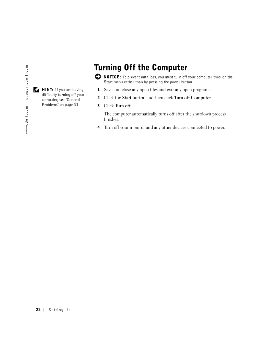 Dell 4500, 9N756 manual Click Turn off 