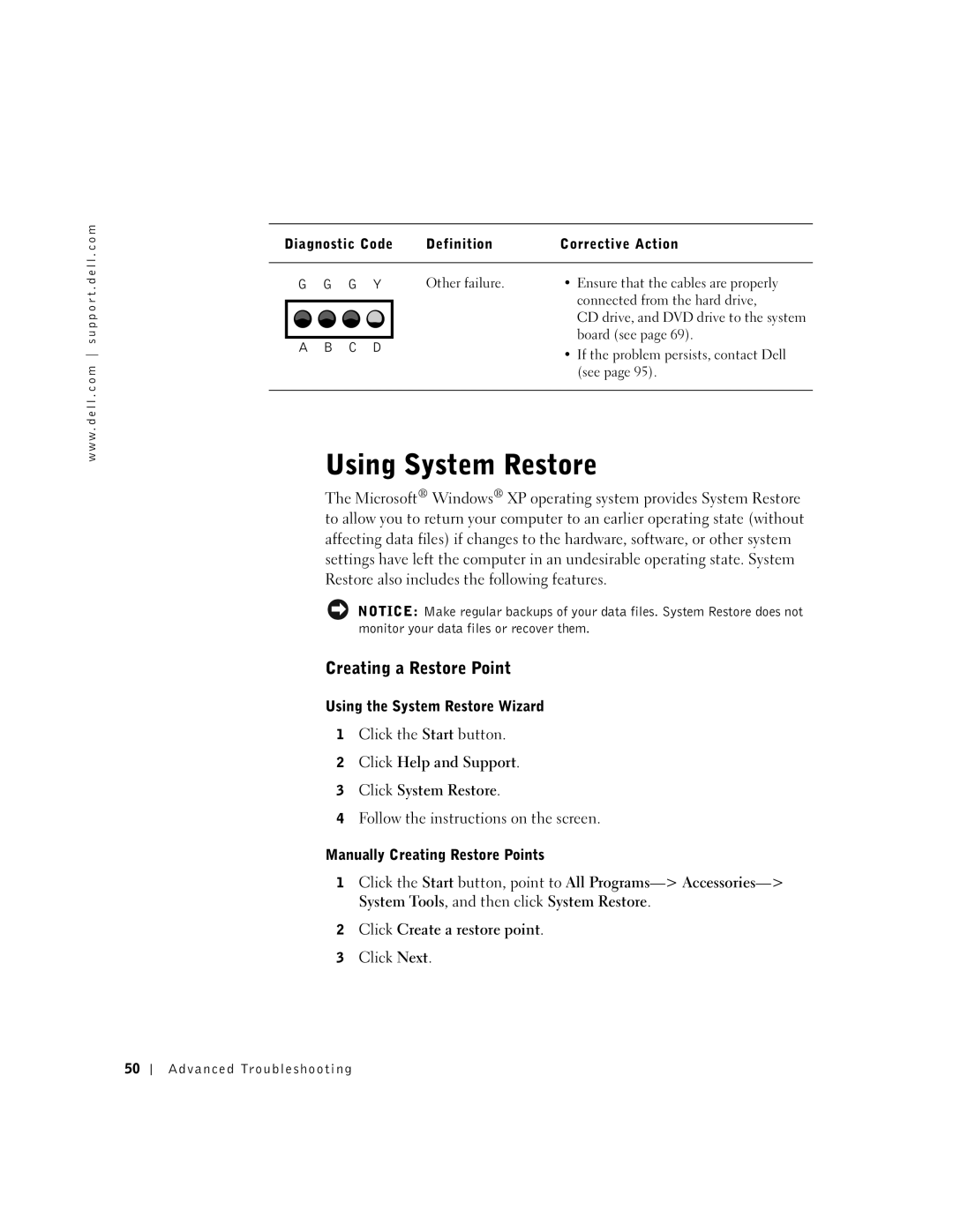 Dell 4500, 9N756 Creating a Restore Point, Using the System Restore Wizard, Click Help and Support Click System Restore 