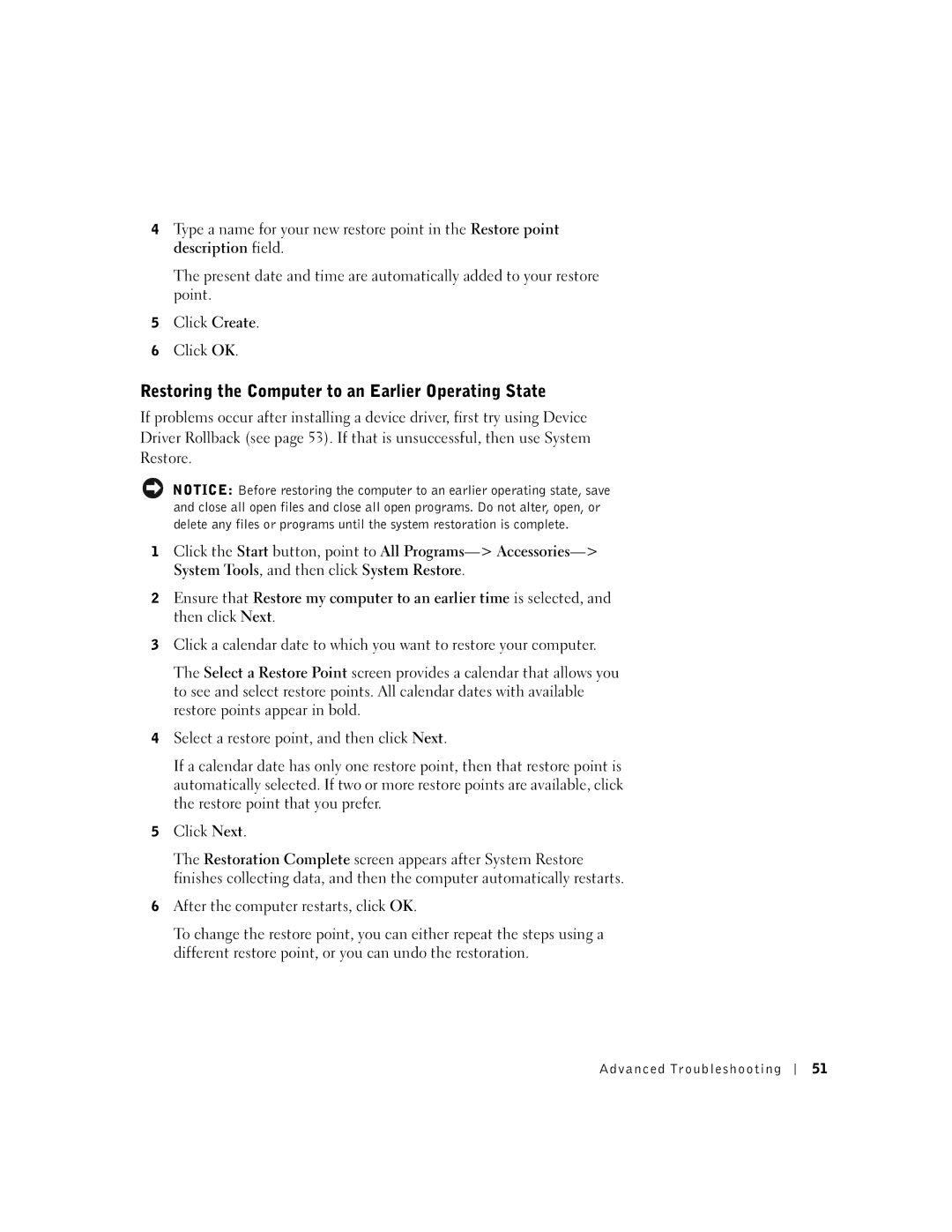Dell 9N756, 4500 manual Restoring the Computer to an Earlier Operating State 
