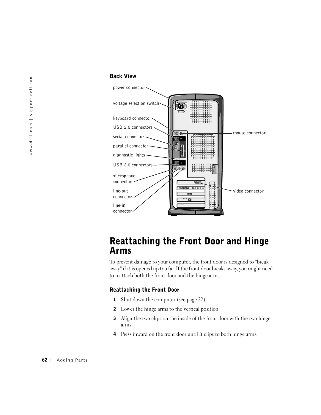 Dell 4500, 9N756 manual Back View, Reattaching the Front Door 