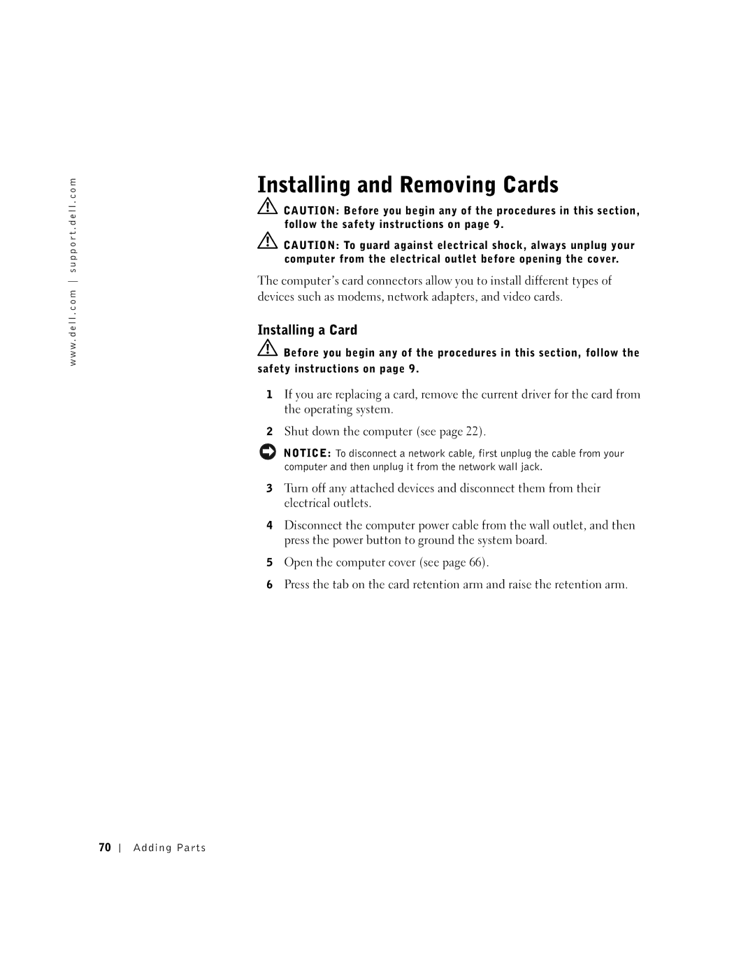 Dell 4500, 9N756 manual Installing a Card 