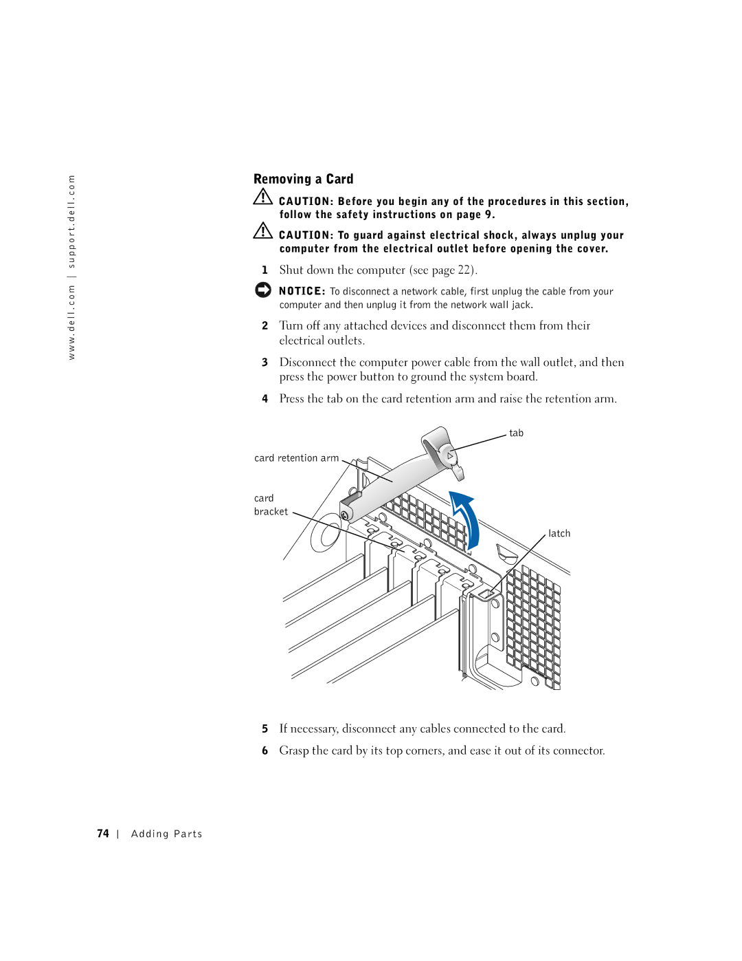 Dell 4500, 9N756 manual Removing a Card 