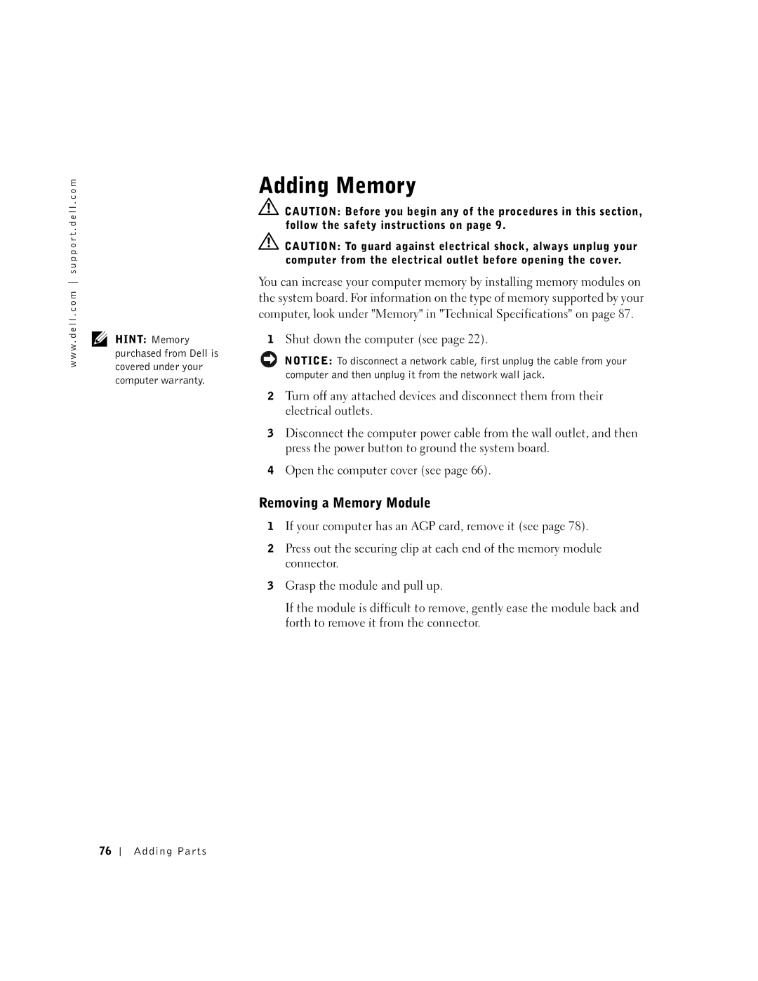 Dell 4500, 9N756 manual Removing a Memory Module 