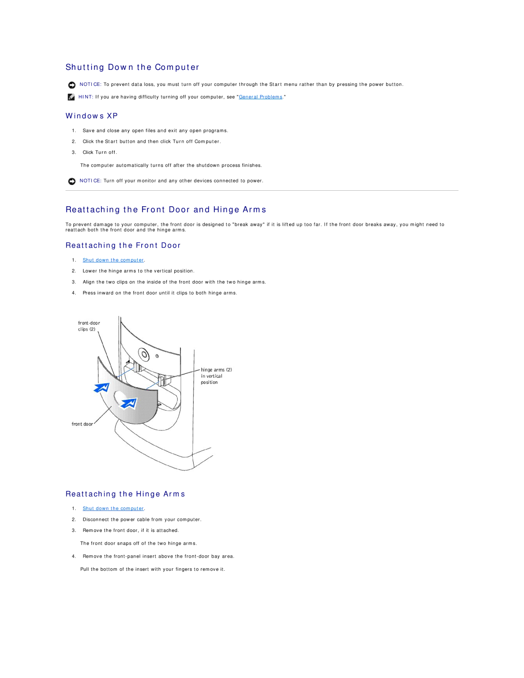 Dell 4500 Shutting Down the Computer, Reattaching the Front Door and Hinge Arms, Windows XP, Reattaching the Hinge Arms 