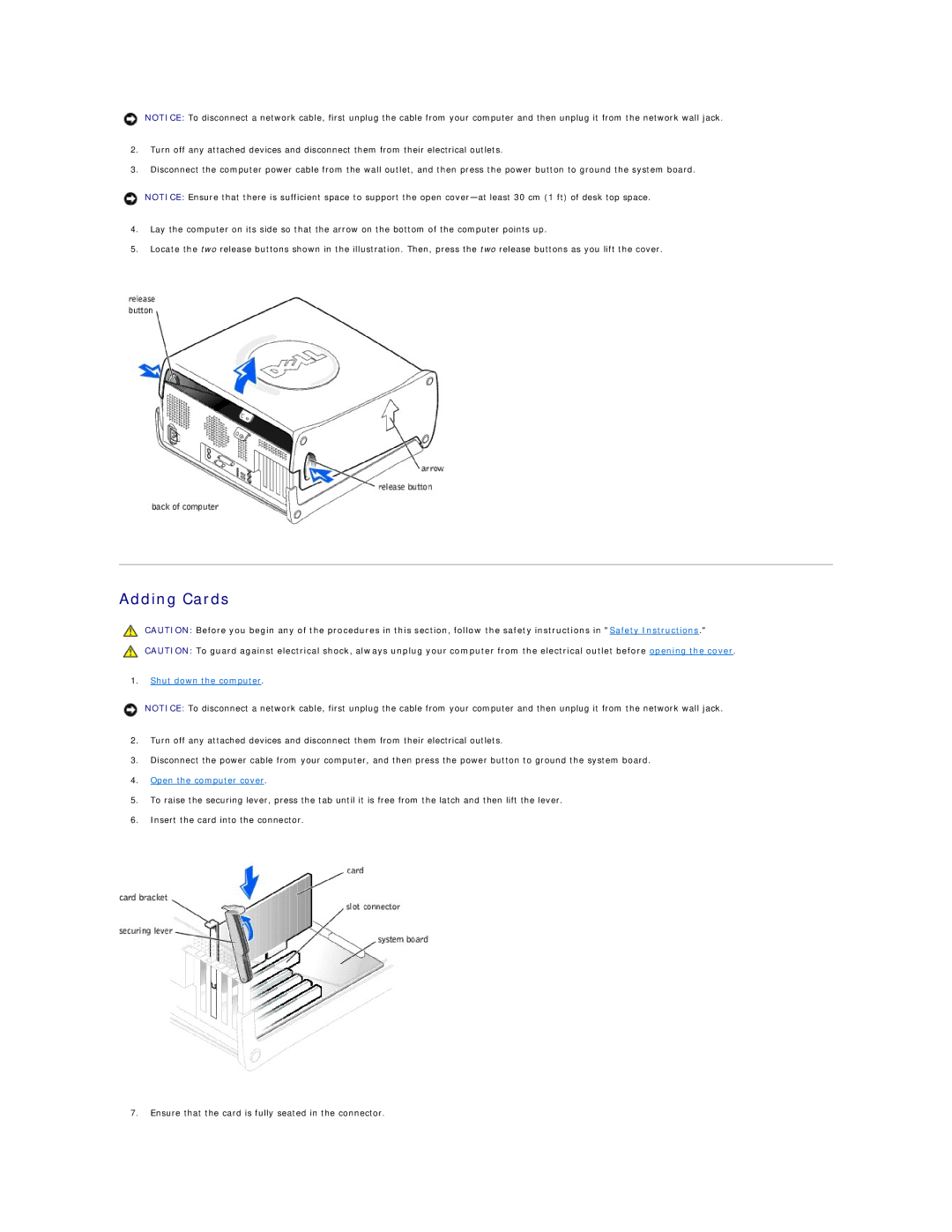 Dell 4500 technical specifications Adding Cards, Open the computer cover 