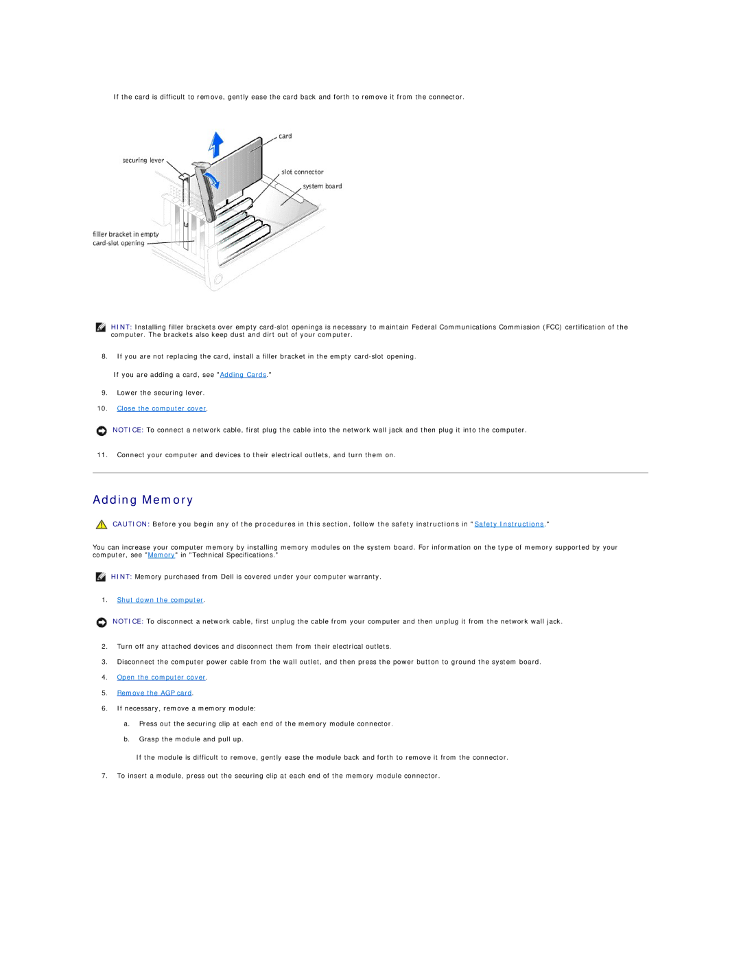 Dell 4500 technical specifications Adding Memory, Open the computer cover Remove the AGP card 