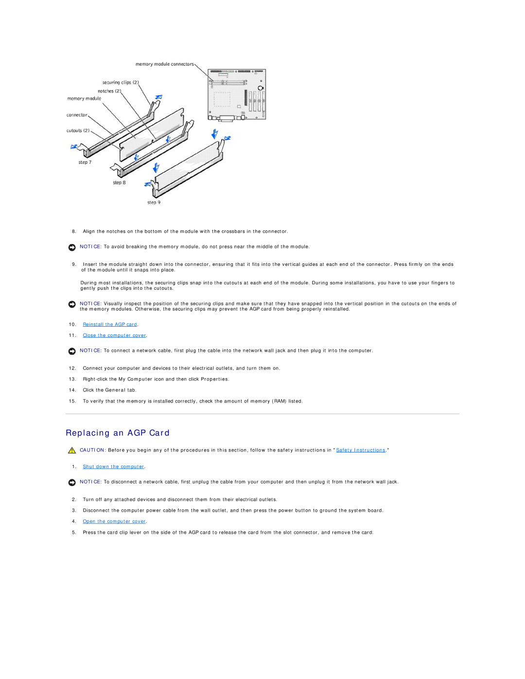 Dell 4500 technical specifications Replacing an AGP Card, Reinstall the AGP card Close the computer cover 