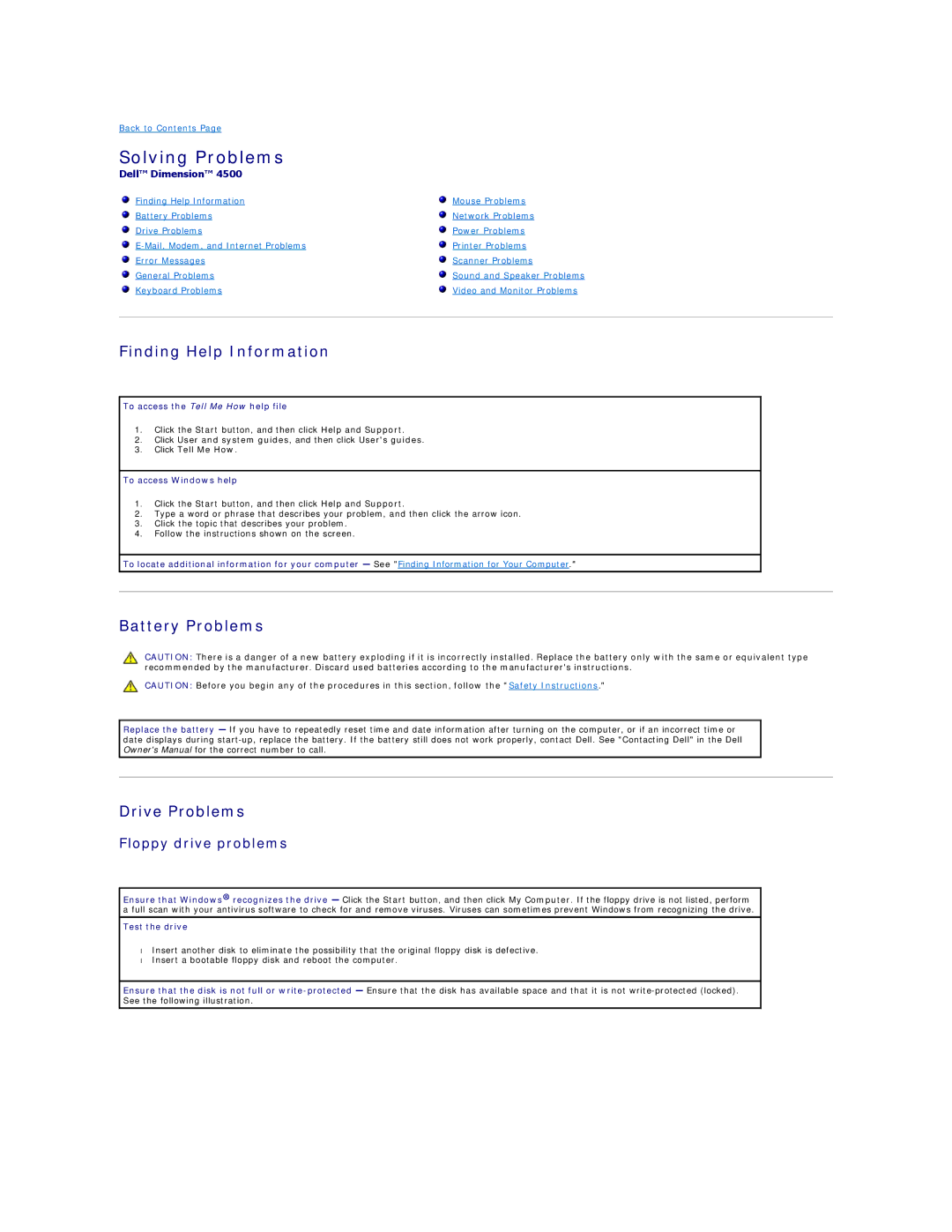 Dell 4500 Solving Problems, Finding Help Information, Battery Problems Drive Problems, Floppy drive problems 