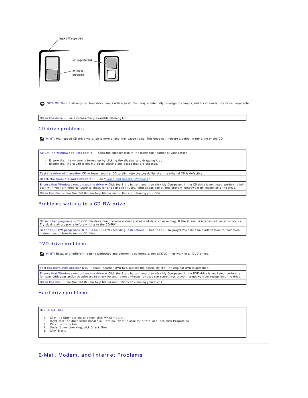 Dell 4500 Mail, Modem, and Internet Problems, CD drive problems, Problems writing to a CD-RW drive, DVD drive problems 