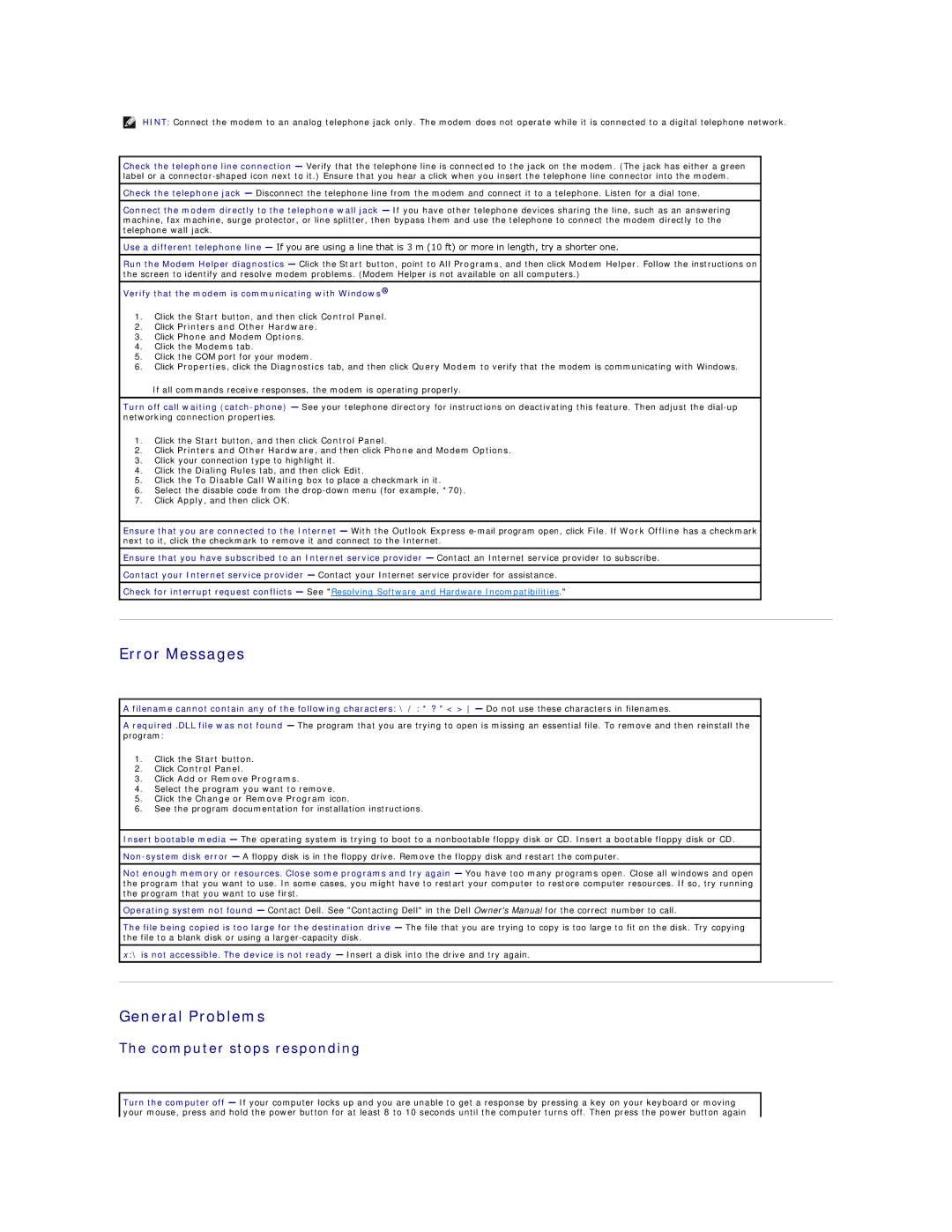 Dell 4500 Error Messages, General Problems, Computer stops responding, Verify that the modem is communicating with Windows 