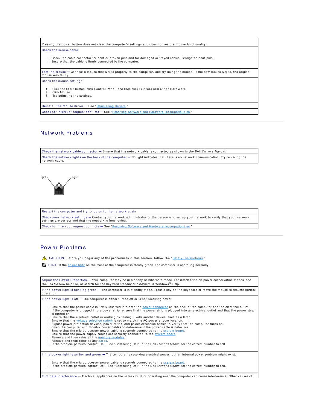 Dell 4500 technical specifications Network Problems, Power Problems, Check the mouse cable, Check the mouse settings 