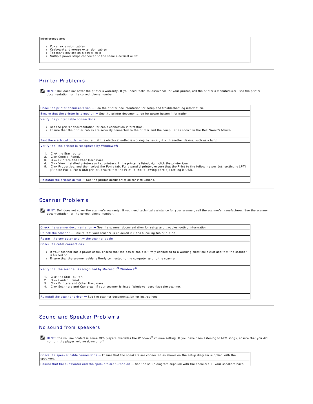 Dell 4500 technical specifications Printer Problems, Scanner Problems, Sound and Speaker Problems, No sound from speakers 