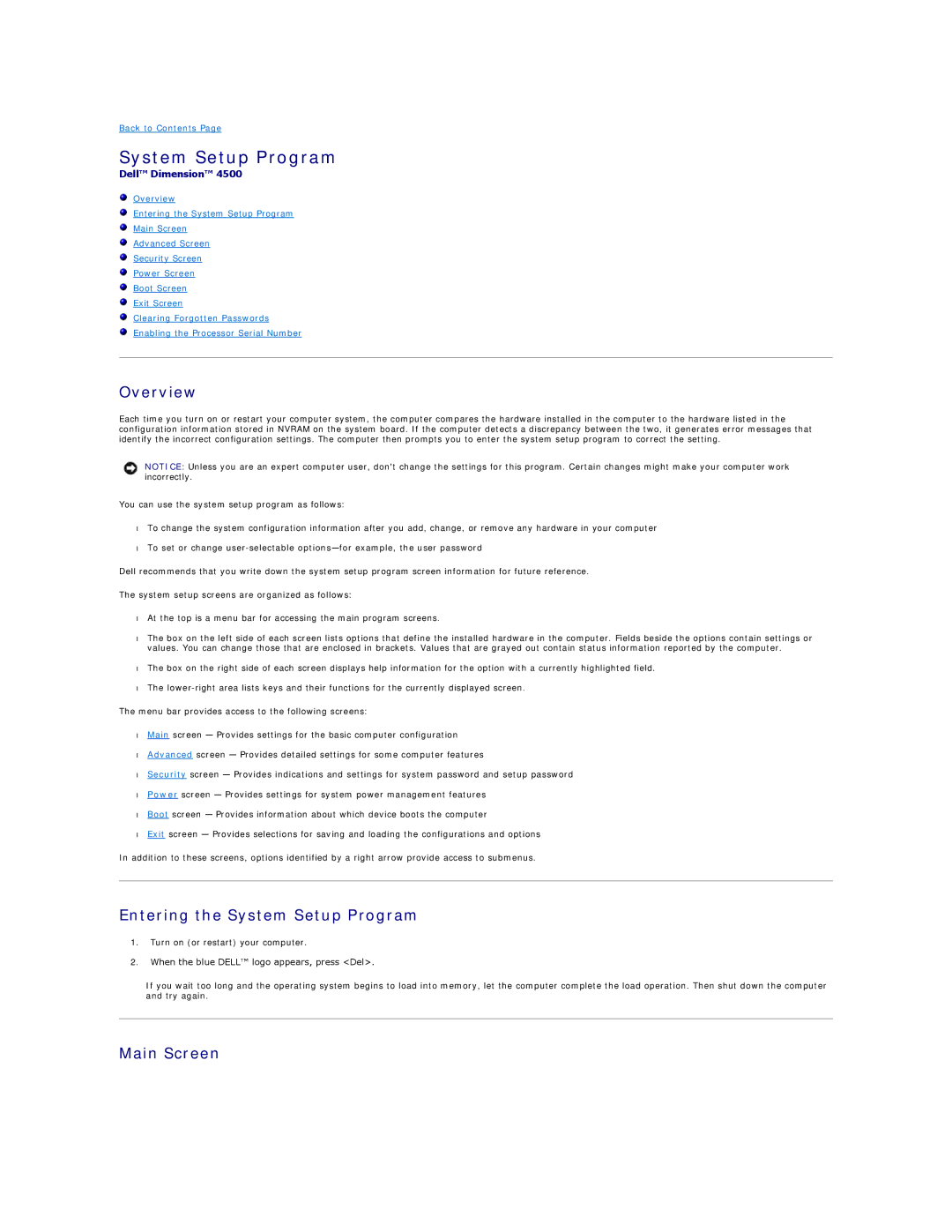 Dell 4500 technical specifications Overview, Entering the System Setup Program, Main Screen 