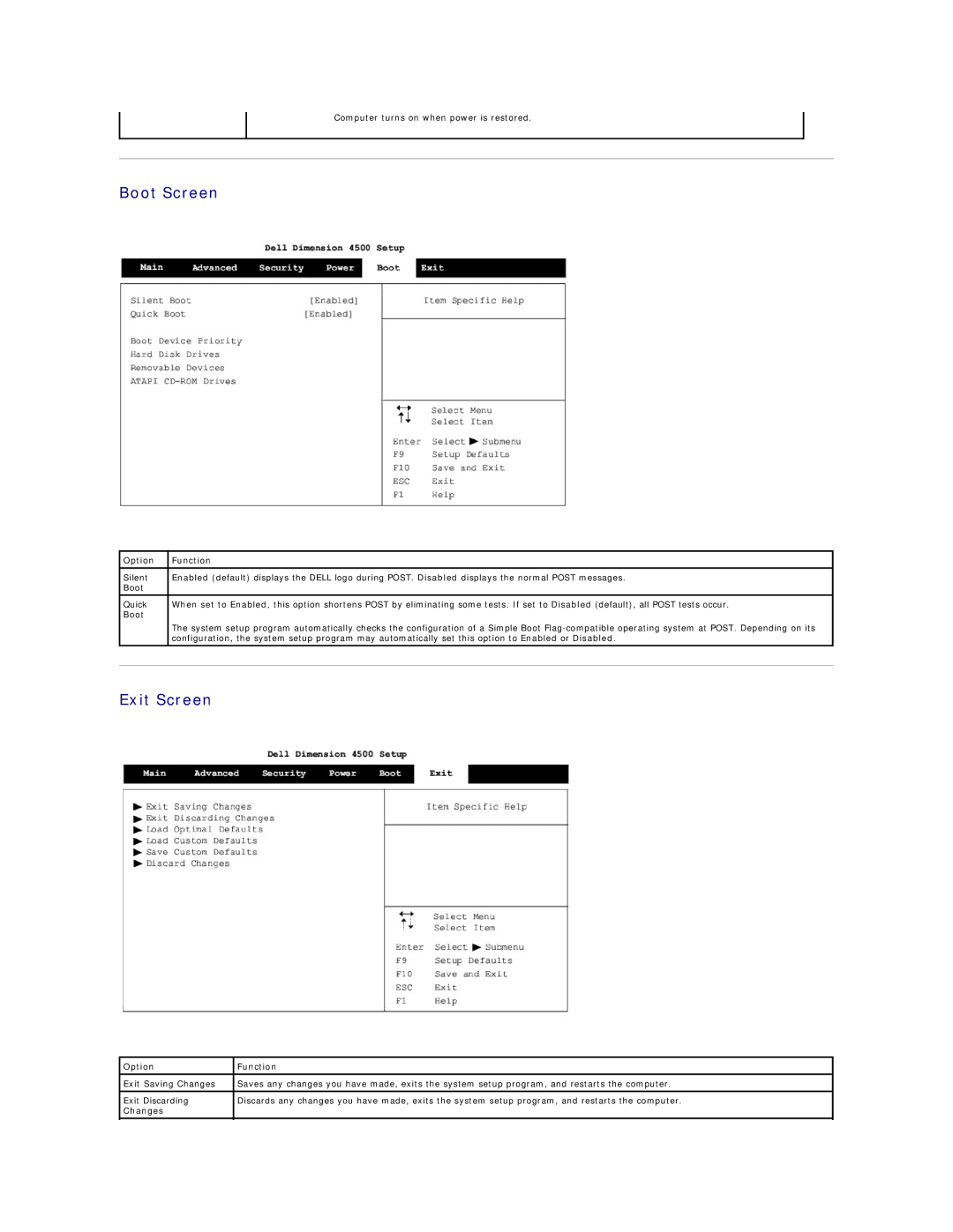 Dell 4500 technical specifications Boot Screen, Exit Screen 