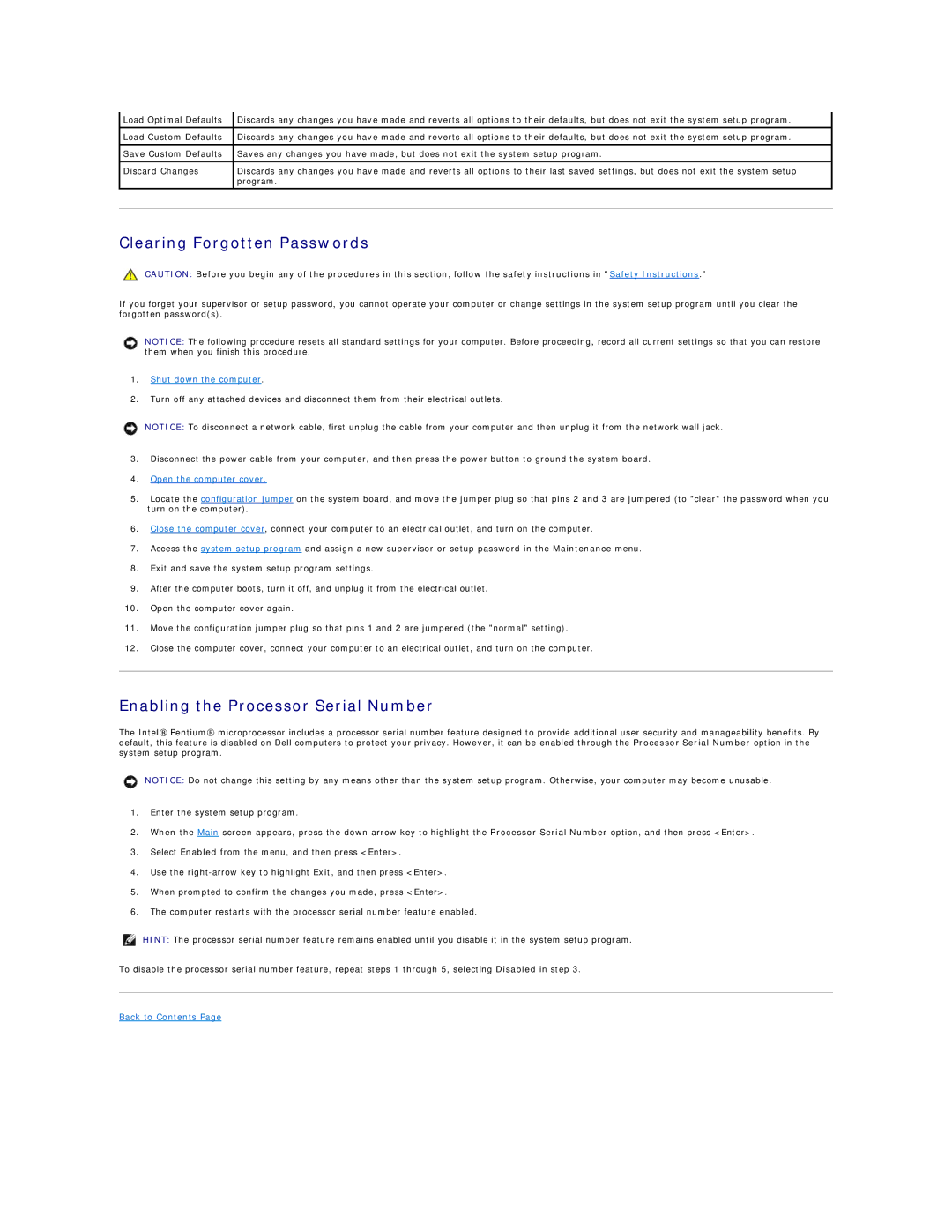 Dell 4500 technical specifications Clearing Forgotten Passwords, Enabling the Processor Serial Number 