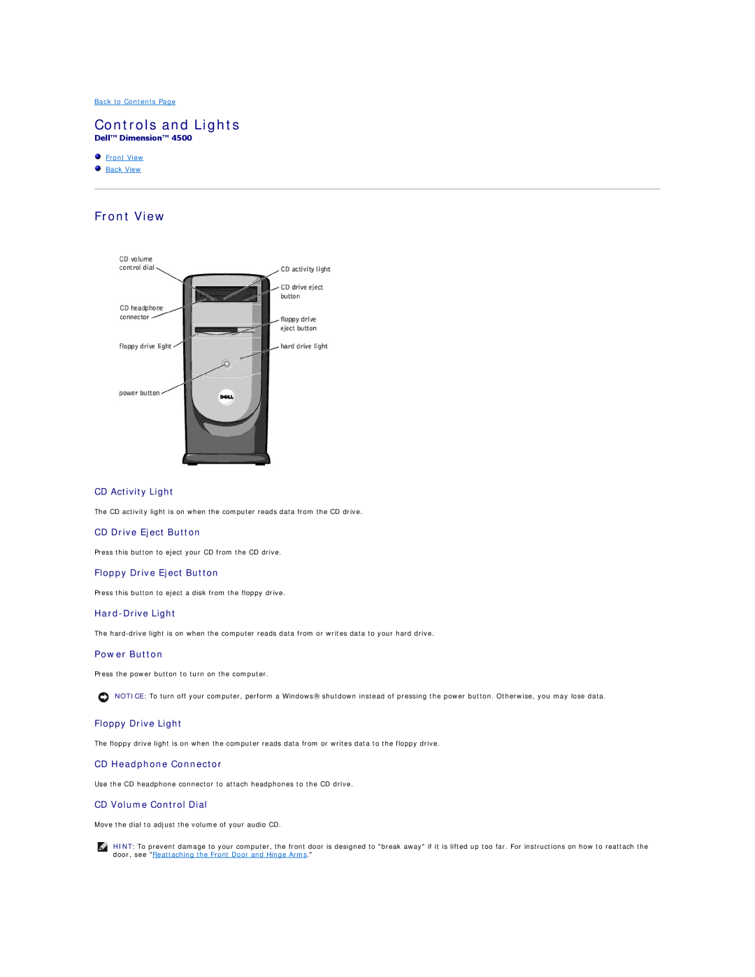 Dell 4500 technical specifications Controls and Lights, Front View Back View 