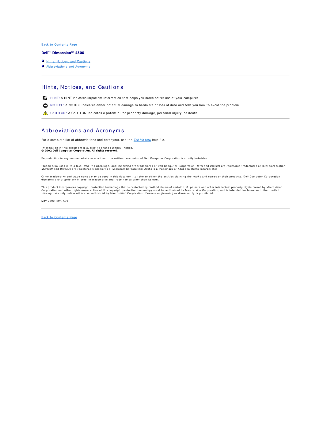 Dell 4500 technical specifications Hints, Notices, and Cautions, Abbreviations and Acronyms 