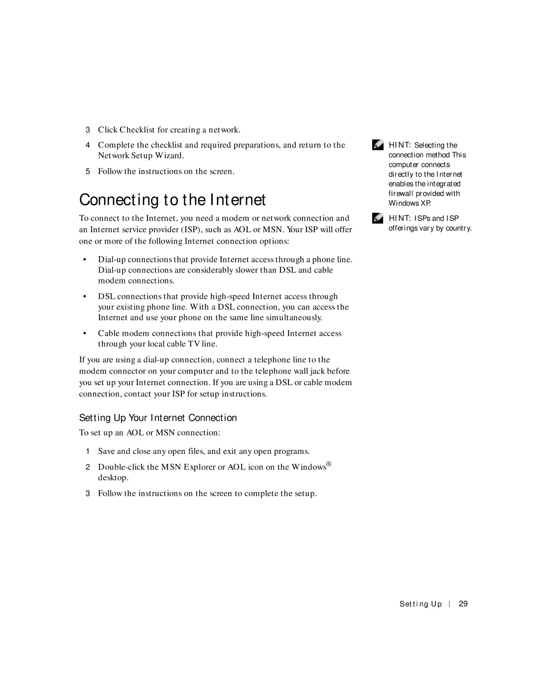 Dell 6M515, 4500C manual Connecting to the Internet, Setting Up Your Internet Connection 