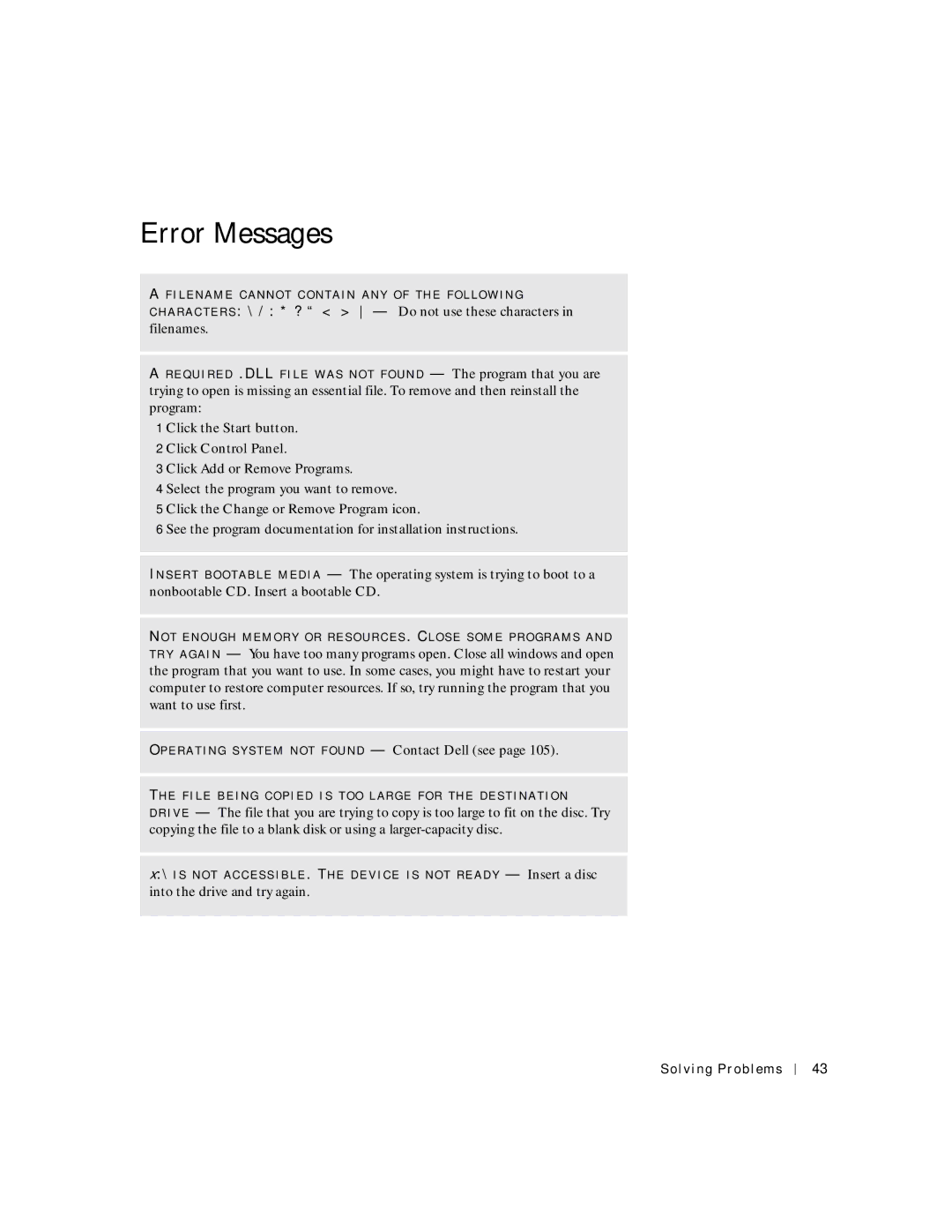 Dell 6M515, 4500C manual Error Messages, Click the Change or Remove Program icon 