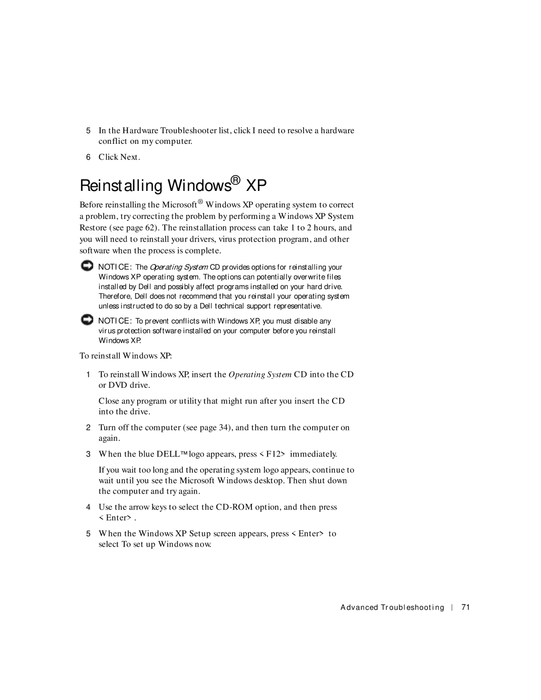 Dell 6M515, 4500C manual Reinstalling Windows XP 