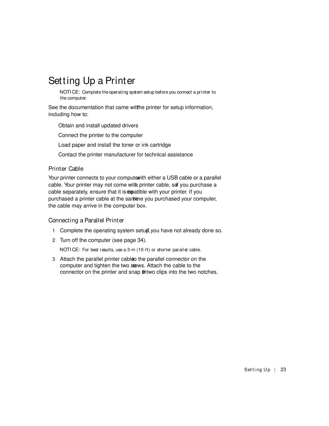 Dell 4500C manual Setting Up a Printer, Printer Cable, Connecting a Parallel Printer 