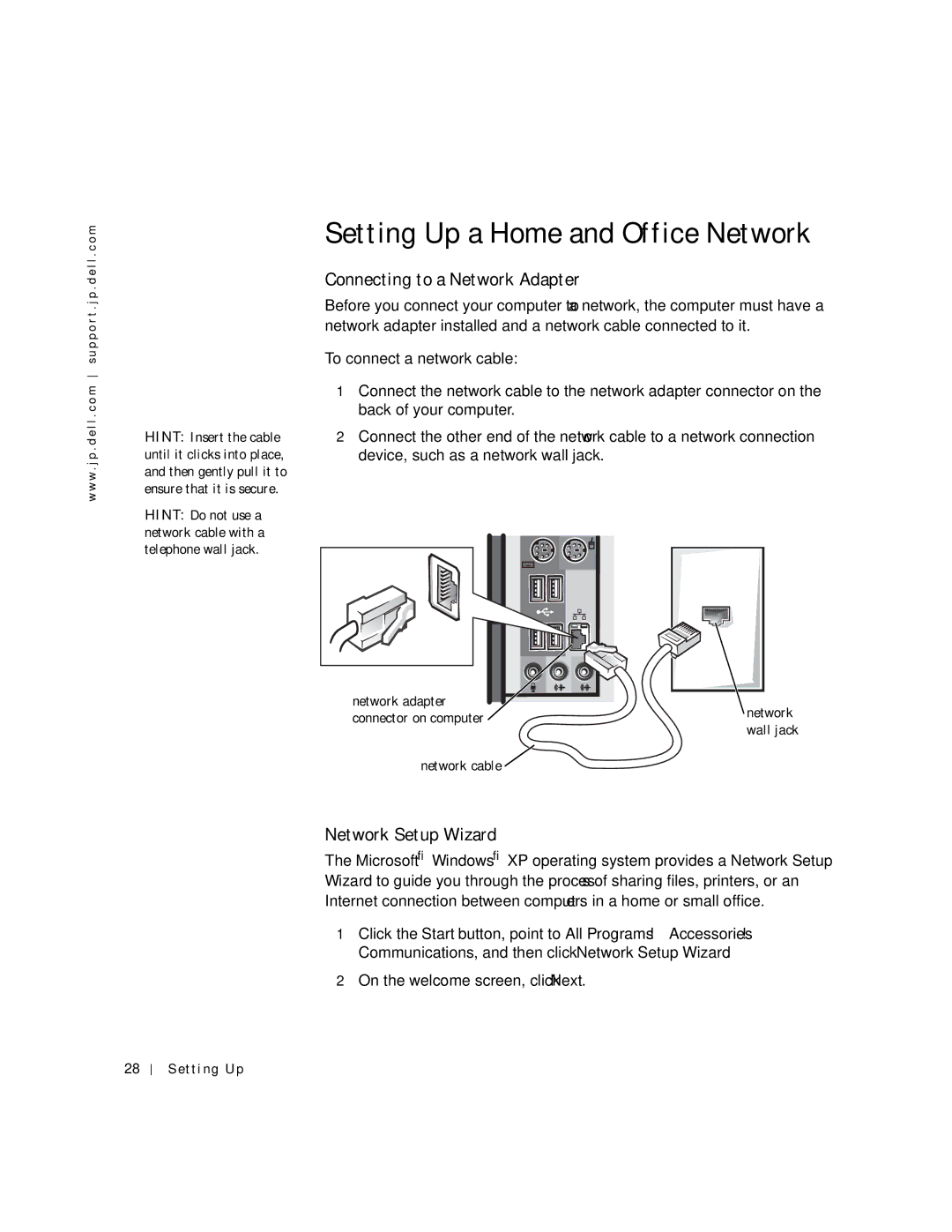 Dell 4500C manual Setting Up a Home and Office Network, Connecting to a Network Adapter, Network Setup Wizard 