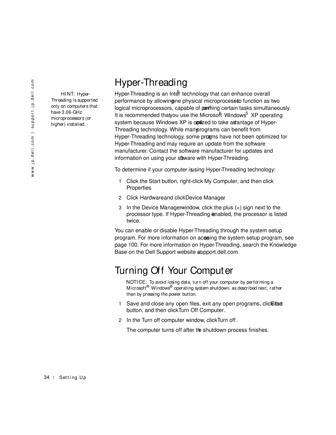 Dell 4500C manual Hyper-Threading, Turning Off Your Computer 