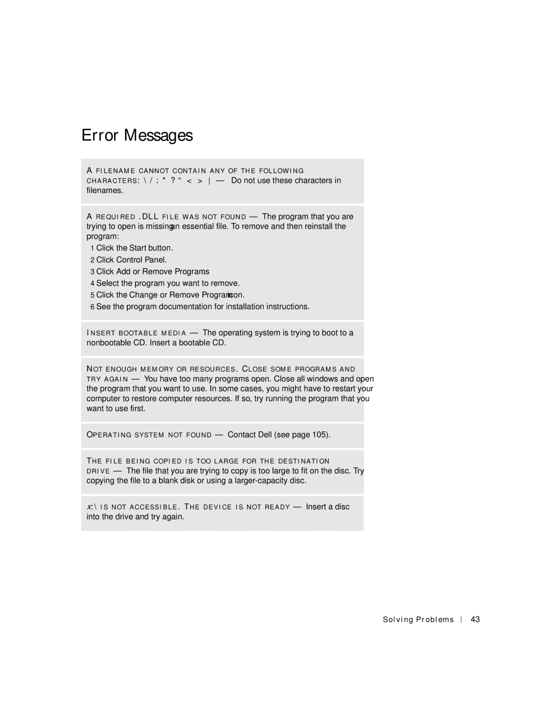 Dell 4500C manual Error Messages, Click the Change or Remove Program icon 