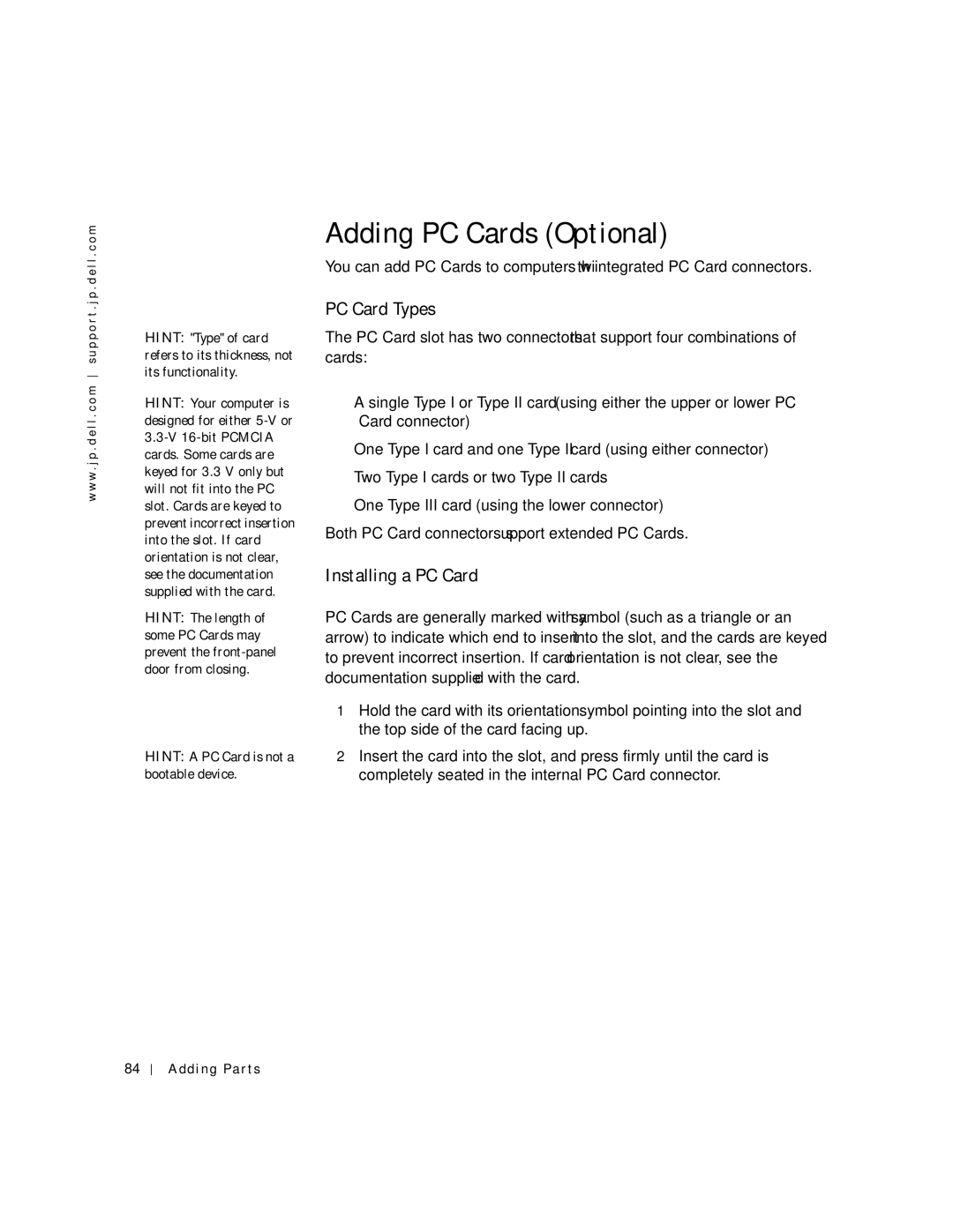 Dell 4500C manual Adding PC Cards Optional, PC Card Types, Installing a PC Card 