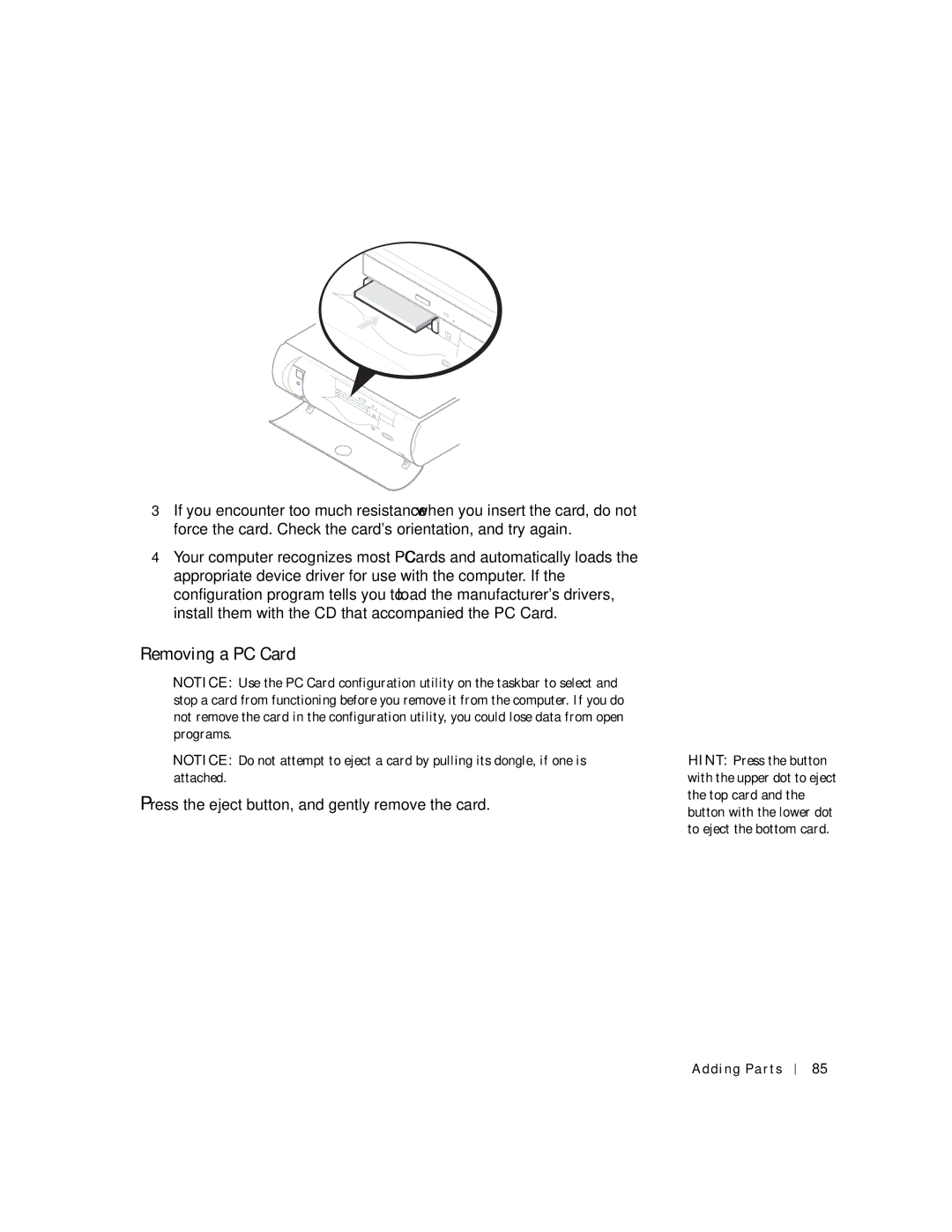 Dell 4500C manual Removing a PC Card, Press the eject button, and gently remove the card 