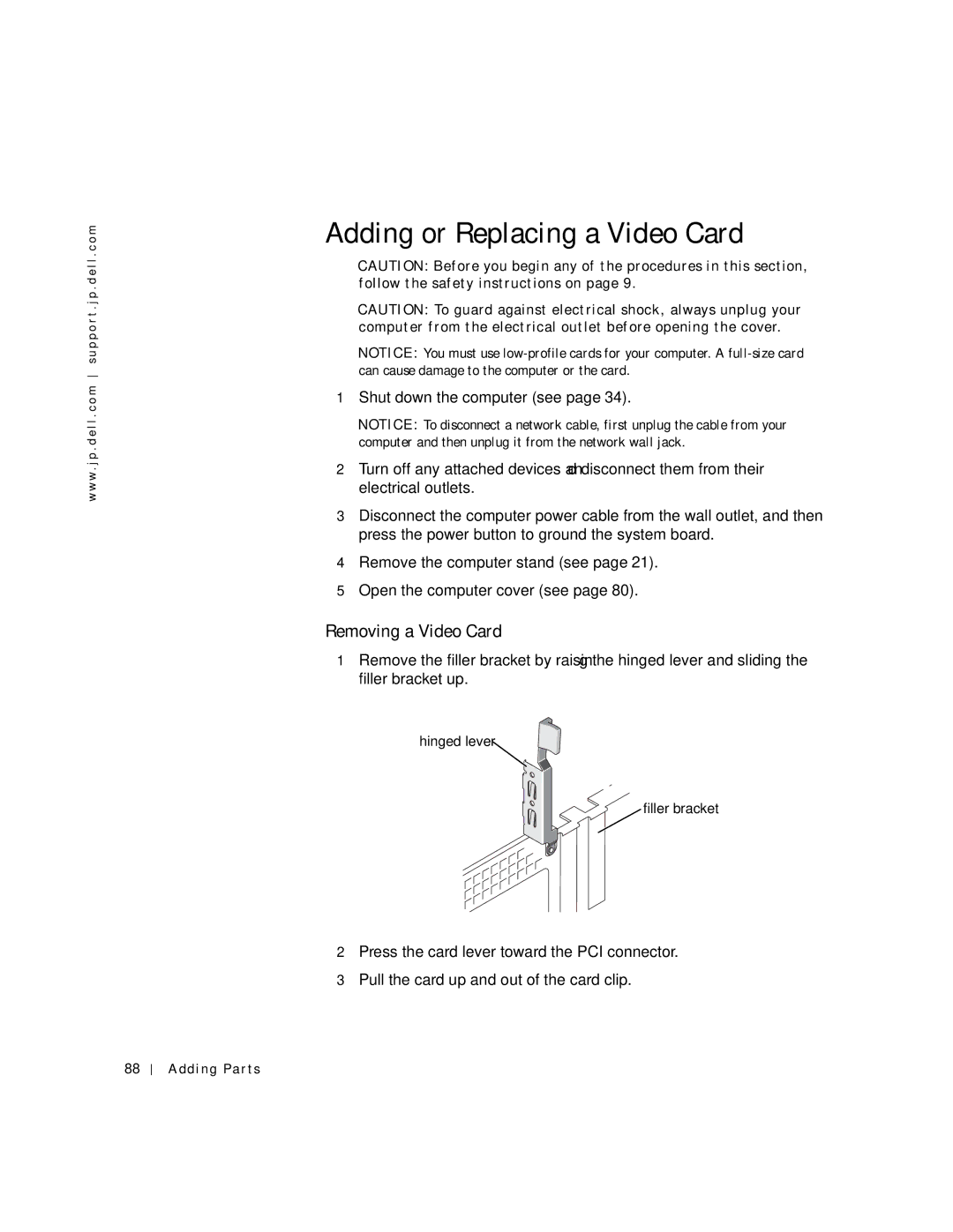 Dell 4500C manual Adding or Replacing a Video Card, Removing a Video Card 