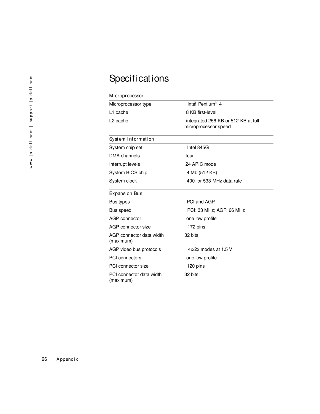 Dell 4500C manual Specifications, Microprocessor 