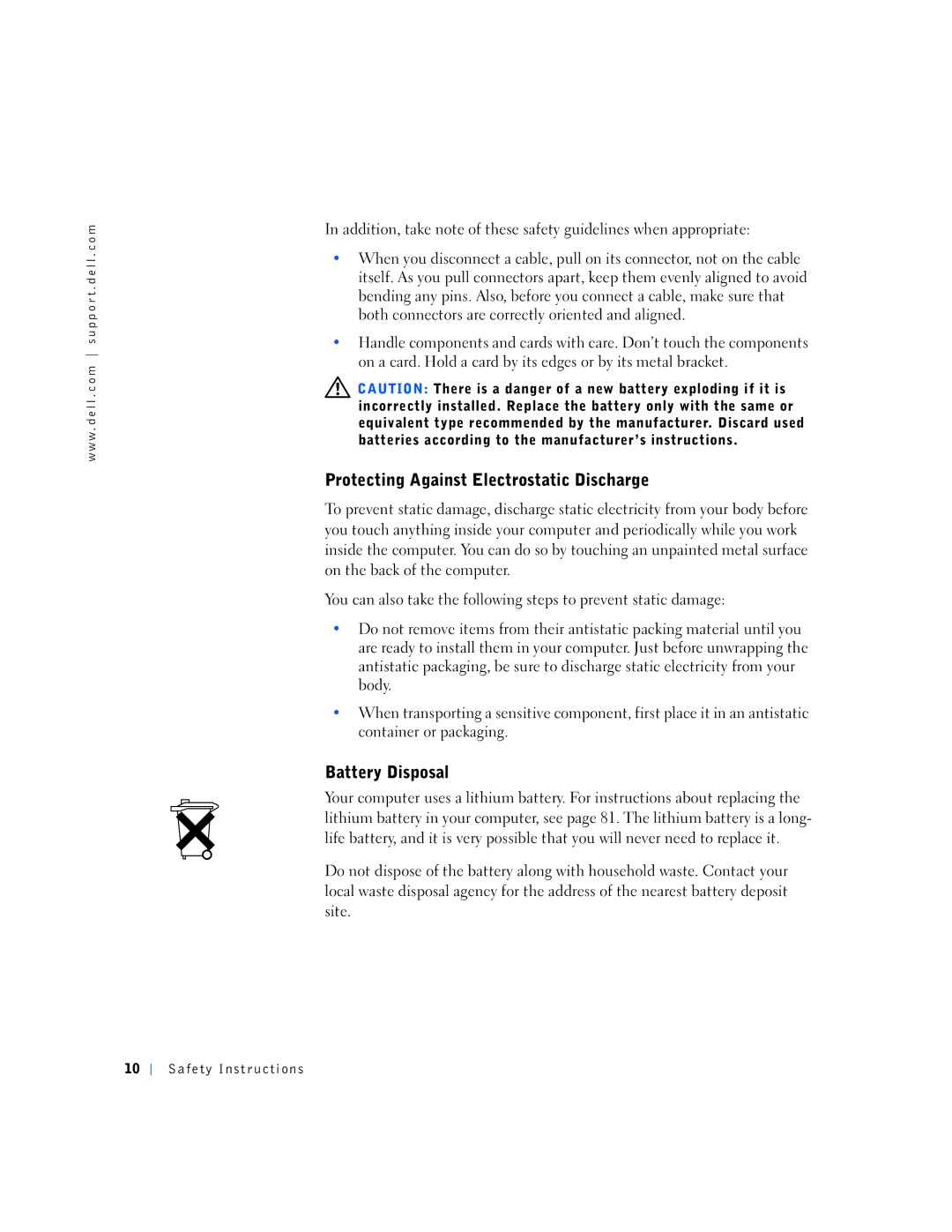 Dell 4500S, 7M291 manual Protecting Against Electrostatic Discharge, Battery Disposal 