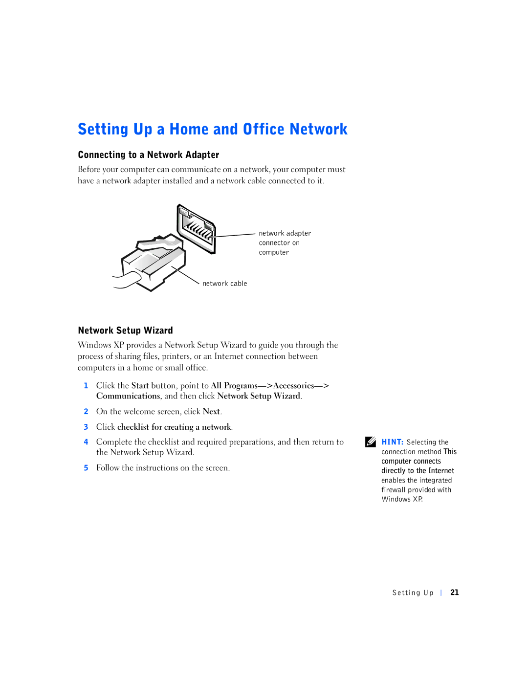 Dell 7M291, 4500S manual Connecting to a Network Adapter, Network Setup Wizard, Click checklist for creating a network 